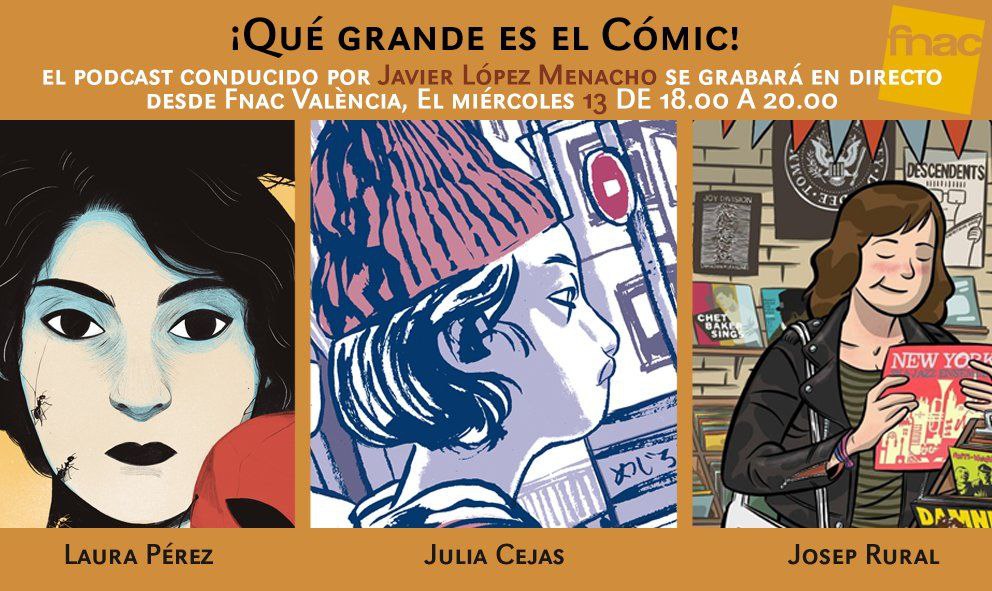 Mañana tenemos una cita muy especial: ¡Qué grande es el cómic! grabado en directo en <a href="/Fnac_ESP/">Fnac España</a> de Valencia a las 18h.

Hablaremos del proceso creativo y el día a día de artistas del cómic.

Con tres guest stars: 
⭐@juliacejas_art 
⭐ <a href="/lauraperezgr/">Laura Pérez</a>
⭐ Josep Rural

¡Te esperamos!