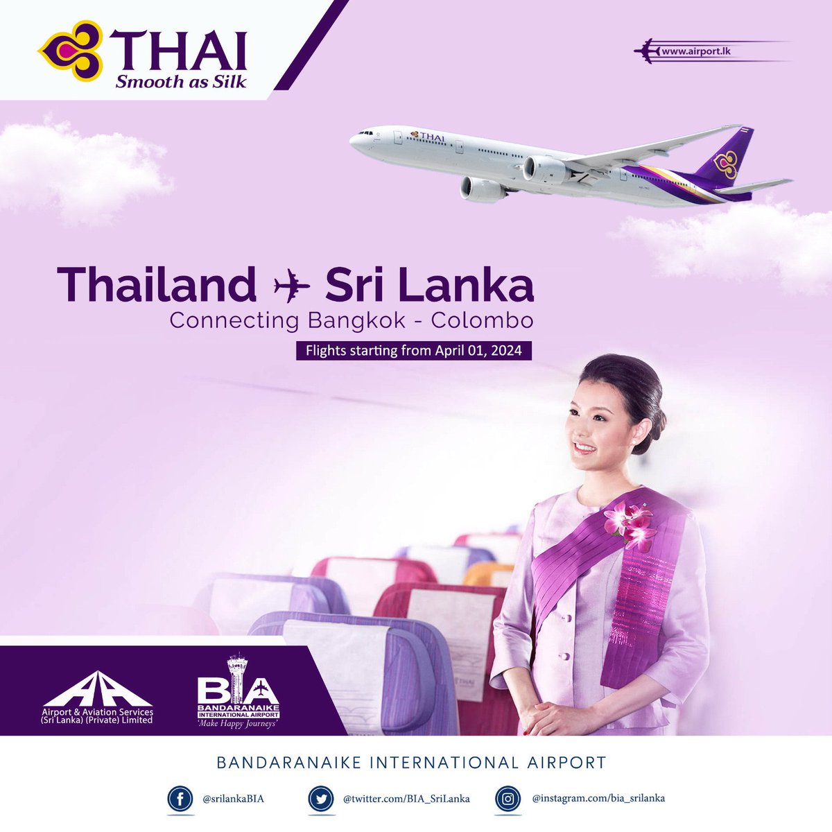 Exciting news!! @ThaiAirways will be resuming operations between Bangkok and Colombo 🇹🇭 🇱🇰 from April 1, 2024, with daily flights! #SriLankaAirports #BIAsrilanka #VisitSriLanka