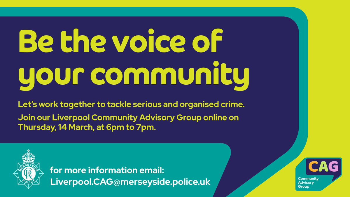 Liverpool City Council (@lpoolcouncil) on Twitter photo If you want to make a difference in helping tackle serious organised crime, get involved in the @merseypolice Liverpool CAG meeting where you can have open discussions with your Local Inspector.
Email liverpool.cag@merseyside.police.uk to find out more. If you want to make a difference in helping tackle serious organised crime, get involved in the @merseypolice Liverpool CAG meeting where you can have open discussions with your Local Inspector.
Email liverpool.cag@merseyside.police.uk to find out more.