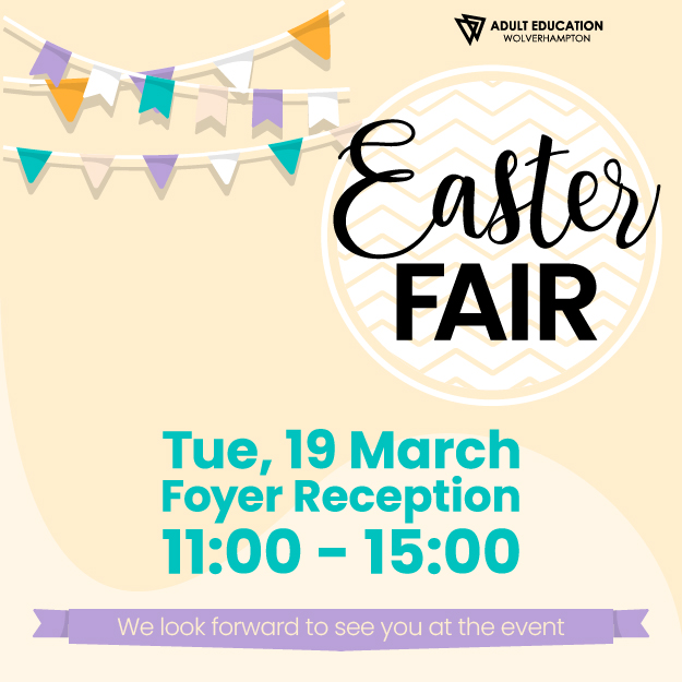 NEXT TUESDAY! Adult Education’s Life Skills students will be hosting an Easter Fair to raise money for the AEW Library. 
Tue, 19 March 2024
Foyer Reception, 11:00 - 15:00
ow.ly/gSru50QLmNh
#aewolverhampton #CityLearningQuarter #EasterFair #Eggstravaganza #event #LifeSkills
