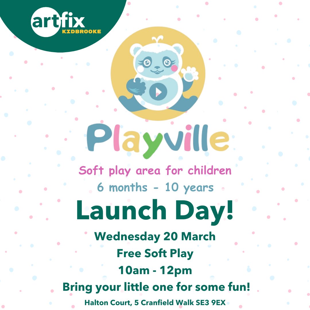 Come along to artfix Kidbrooke on Wednesday 20th March for @playville_london launch day! 
Free Soft Play for Children 10am - 12pm 
Join the fun! 
#Kidbrooke #Softplay #Playville #Launchday #SE3 #Family #artfix #Community