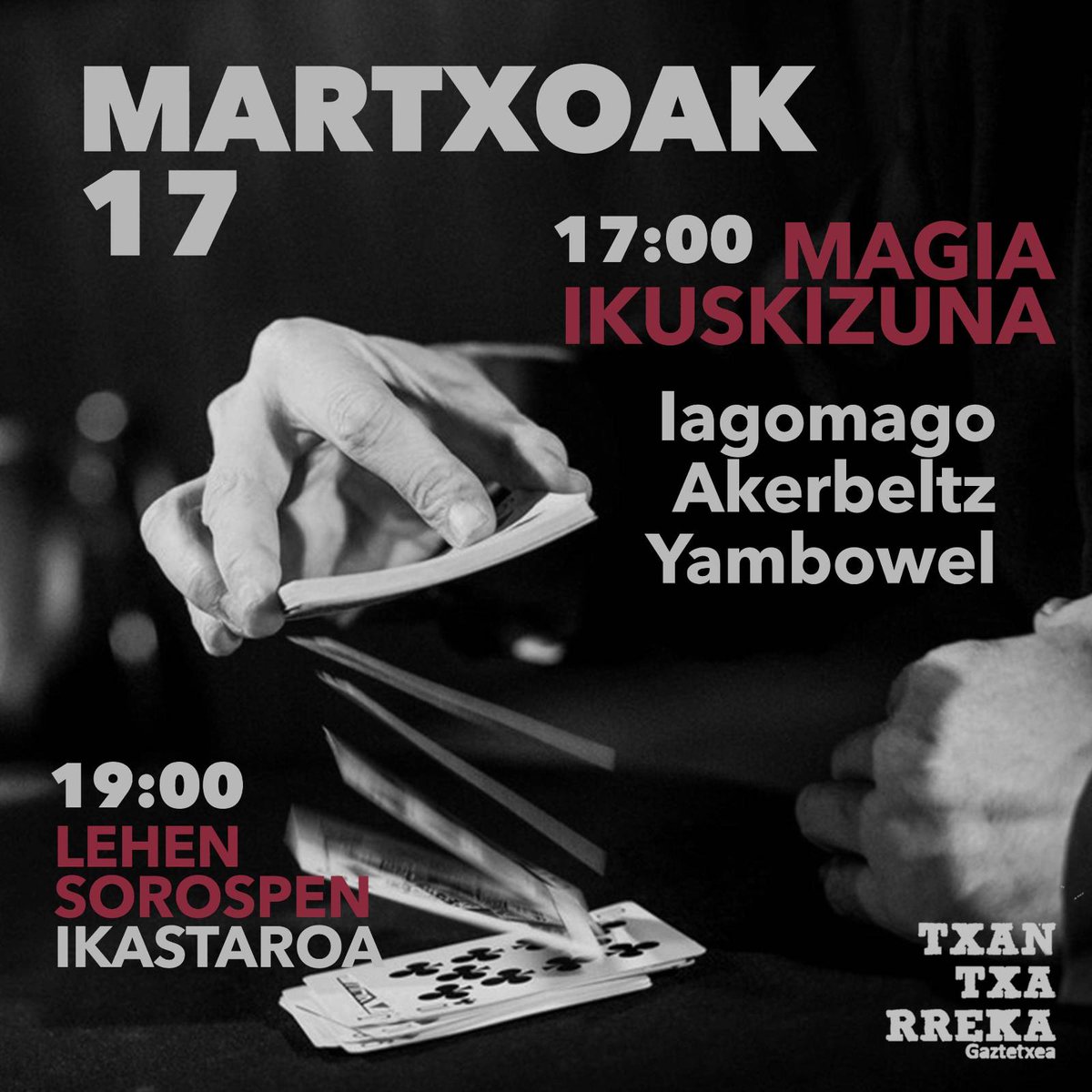 Igande honetan magia ikuskizunak izango ditugu gaztetxean eta ondoren lehen sorospen ikastaro bat