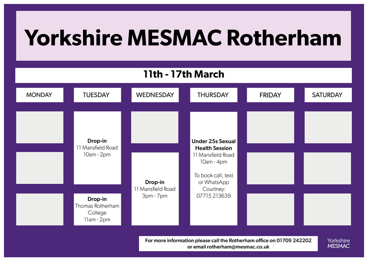 Yorkshire MESMAC Rotherham on X: "Check out where to find us across # Rotherham this week to get up to date with your sexual health! Can't make  these times? Book an appointment online