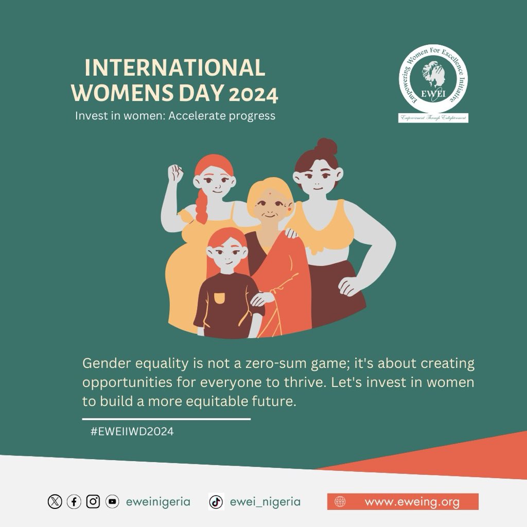 Gender equality is not a zero-sum game; it's about creating opportunities for everyone to thrive. Let's invest in women to build a more equitable future. 
Lets #InvestInWomen 
Lets #InspireInclusion 
#EWEIIWD2024 #IWD2024
<a href="/eweinigeria/">EWEI</a>