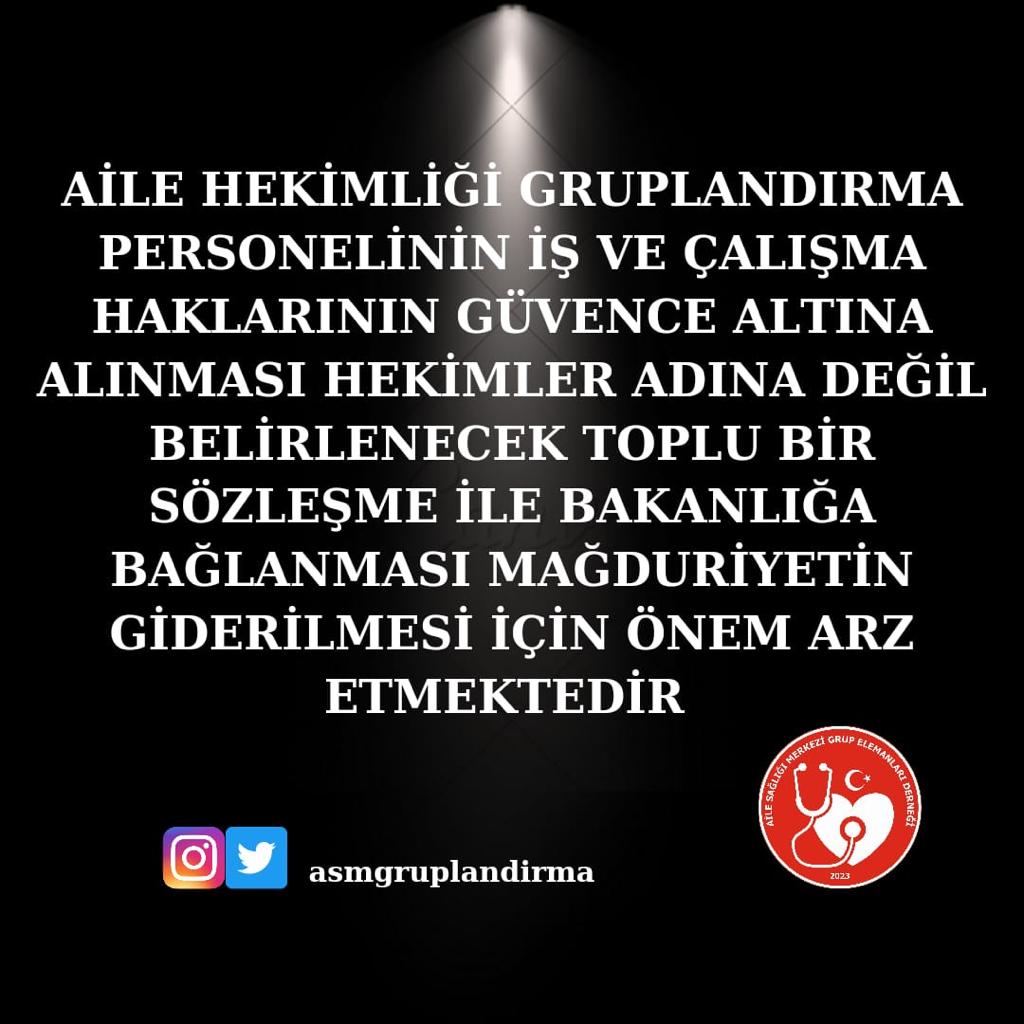 <a href="/asmgruplandirma/">Aile Sağlığı Merkezi Grup Elemanları Derneği</a> SAYIN DEVLET BÜYÜKLERİMİZ 
İŞ GÜVENCESİ ÖZLÜK HAKKI 
SAĞLIKÇI SIFATI  İLE 
SAĞLIK BAKANLIĞINA BAĞLI ÇALIŞMAK İSTİYORUZ 
<a href="/RTErdogan/">Recep Tayyip Erdoğan</a> <a href="/EmineErdogan/">Emine Erdoğan</a>
#asmgrubamüjde