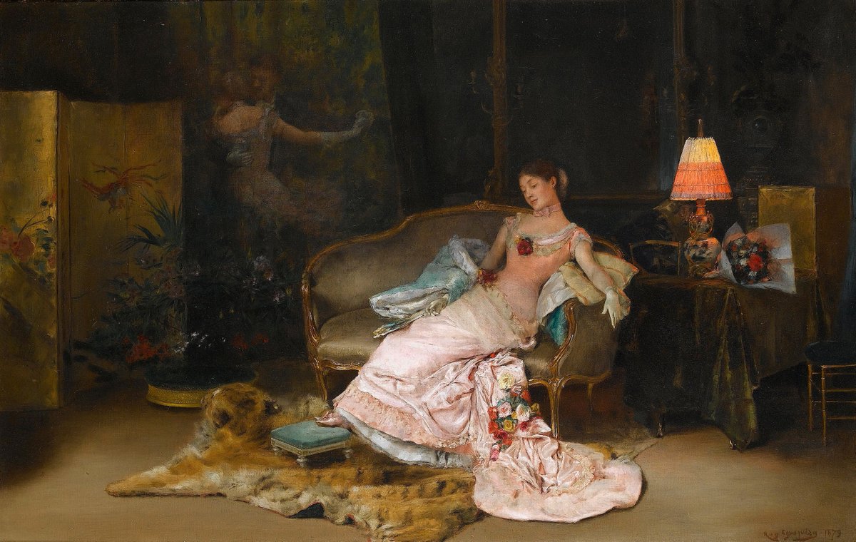 A reverie during the ball (1879) by Rogelio de Egusquiza (Spanish artist, lived 1845–1915). A reverie during the ball. 'I could have danced all night, 🎵 And still have begged for more, I could have spread my wings, And done a thousand things I've never done before.'