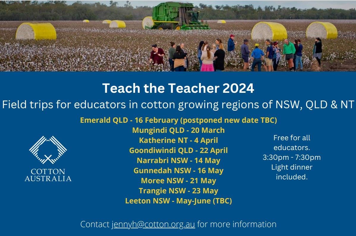 OzPIEF's tweet photo. Calling all QLD, NSW &amp; NT Teachers! Explore the world of cotton growing with FREE 'Teach the Teacher' tours by Cotton Australia. Engage directly with growers and industry experts to deepen your understanding. Email jennyh@cotton.org.au or visit👉https://t.co/QxZ1aPMo4Q https://t.co/THDIC7yIng