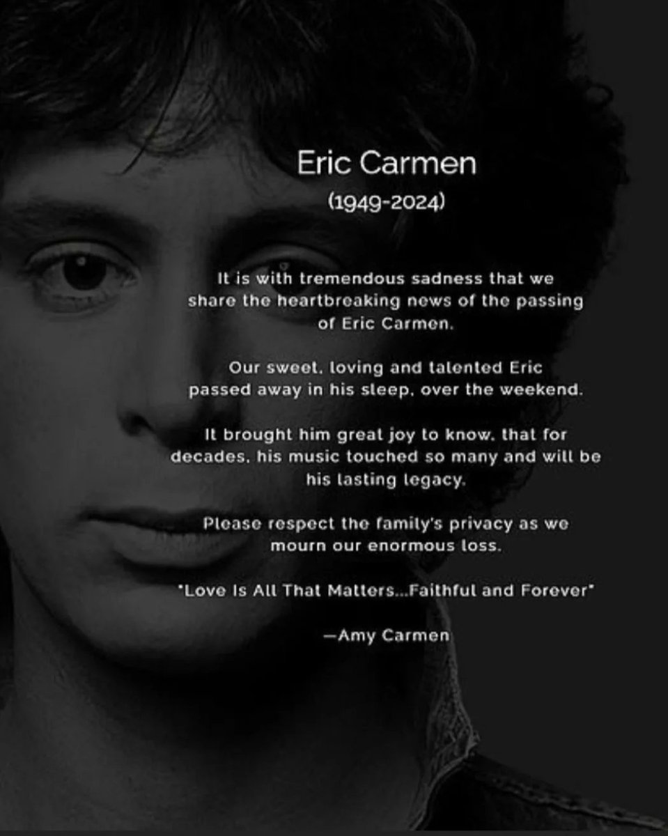 The iconic singer Eric Carmen has died in his sleep at the age of 74. He will be best remembered for his haunting rendition of 'Hungry Eyes' from the film Dirty Dancing that made us all fall in love ❤️

Thank you for the music EC. I was a huge fan! 
#ericcarmen #RIPEricCarmen