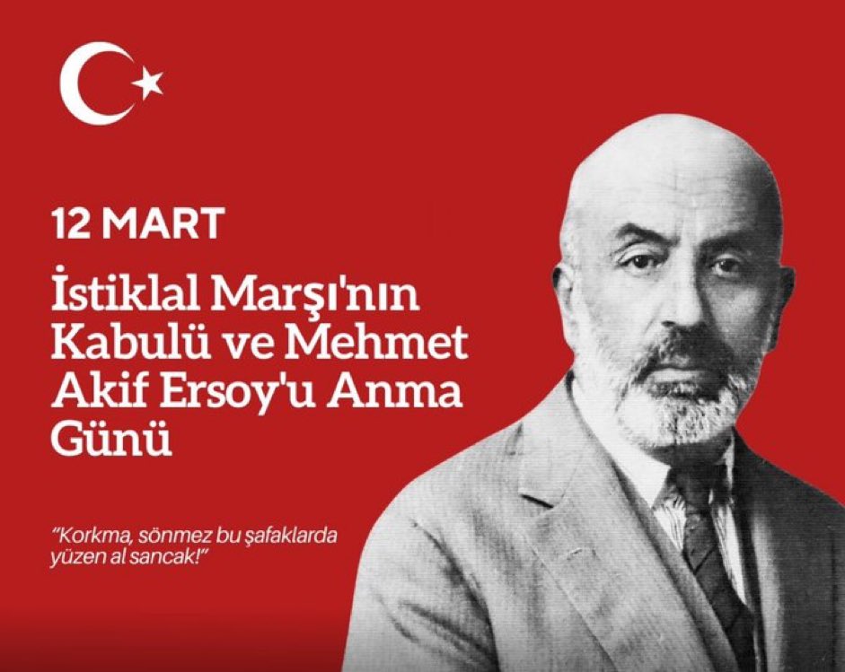 #İstiklalMarşı’mızın kabülünün 103. yıldönümünde milli şairimiz Mehmet Akif Ersoy’u ve milli mücadelemizin bütün kahramanlarını rahmet ve minnetle anıyorum. Allah Milletimize bir daha İstiklal Marşı yazdırmasın. 🇹🇷