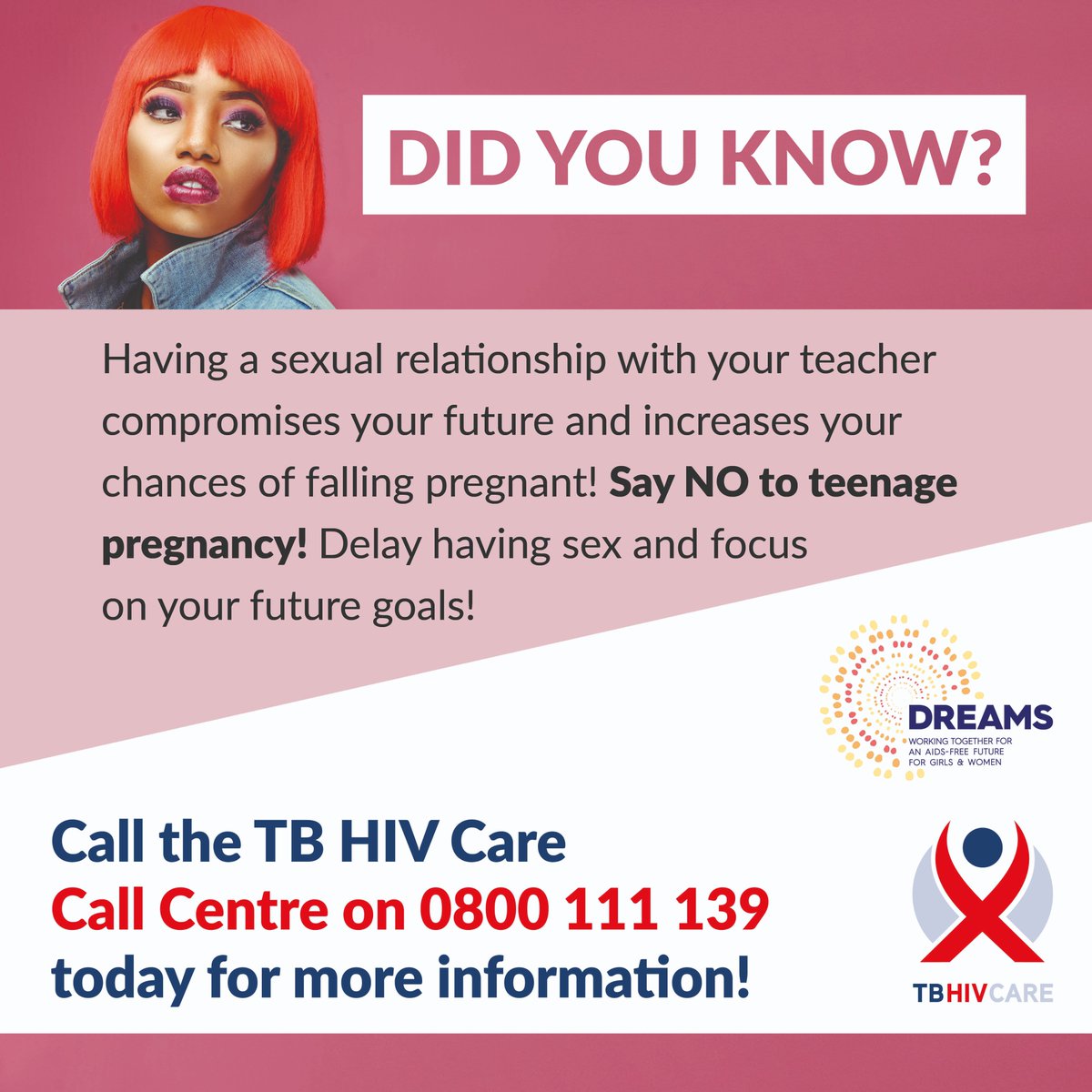 Did you know? Having a sexual relationship with your teacher compromises your future and increases your chances of falling pregnant! Contact the TB HIV Care Call Centre on 0800 111 139 to speak to one of our agents. #didyouknow #empowerment #support #zimisele