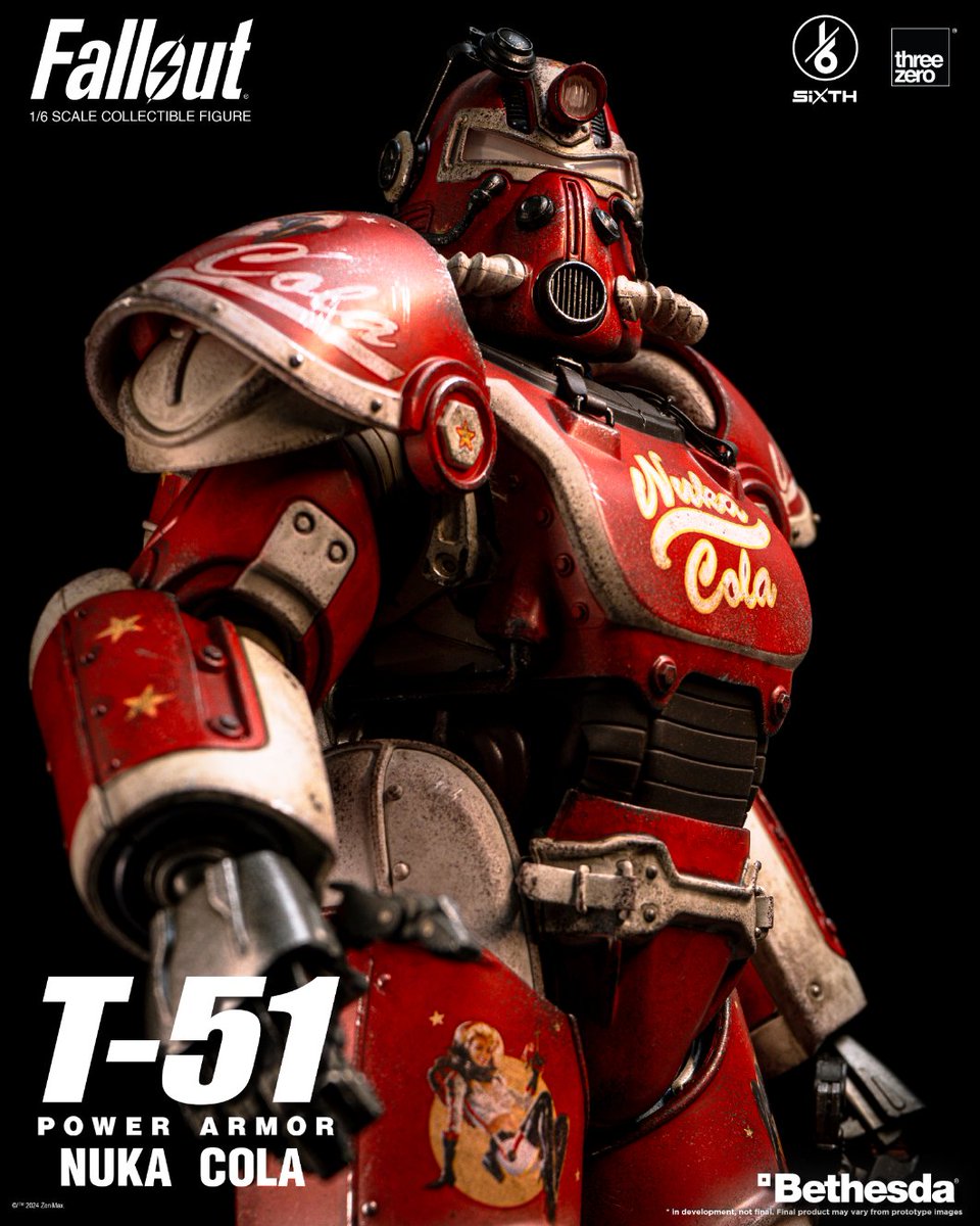 Fallout 1/6 T-51 Nuka Cola Power Armor's helmet features an LED light-up function, and accessories include a detailed male head sculpt that can be swapped with the helmet as well as a signature AER-9 laser rifle. bit.ly/T51NukaColaPow… #Fallout #T51PowerArmor #NukaCola