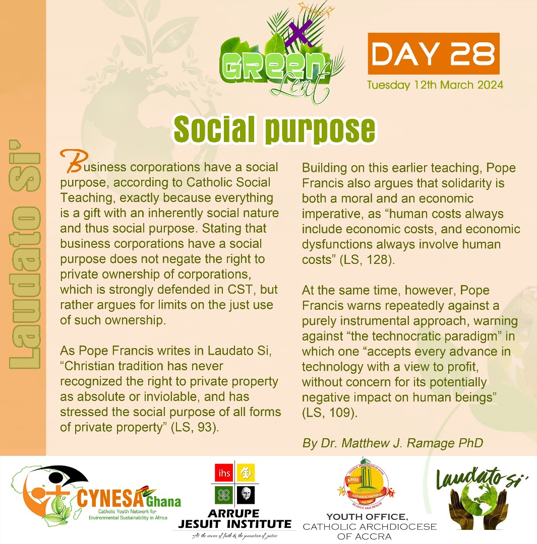“Business corporations have a social purpose, according to Catholic Social Teaching, exactly because everything is a gift with an inherently social nature and thus social purpose.” 
#greenlent
#laudatosi
<a href="/ZuluQueen6/">Francisca Ziniel</a>