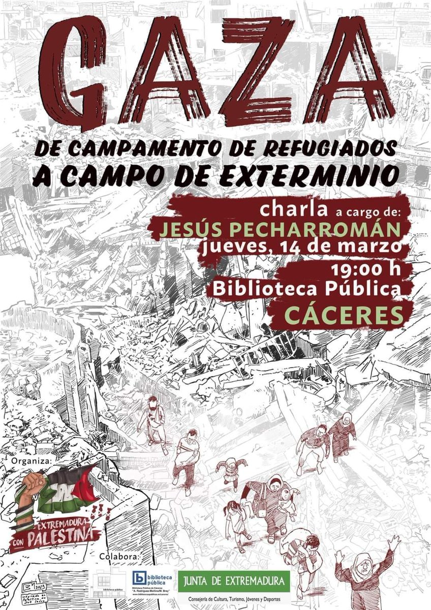 refugiados_cc's tweet photo. Sigue el genocidio contra Palestina sigue nuestro apoyo a un pueblo que está sufriendo. 
Jueves 14 de marzo charla informativa sobre Gaza " de campamento de refugiados a campo de exterminio". Biblioteca Pública de Cáceres. 19h.
#Palestina 
#GenocidioEnGaza 
#palestinefree https://t.co/femB7bynUr