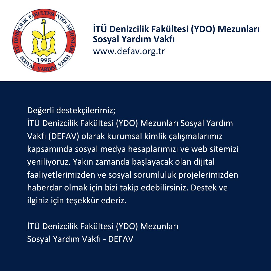 Değerli destekçilerimiz, kurumsal kimlik çalışması kapsamında vakfımızdaki yeniliklerden sizleri de haberdar edeceğiz. Destek ve ilginiz için teşekkür ederiz.

DEFAV - İTÜ Denizcilik Fakültesi (YDO) Mezunları Sosyal Yardım Vakfı

#itü #denizcilikfakültesi #vakıf #DEFAV