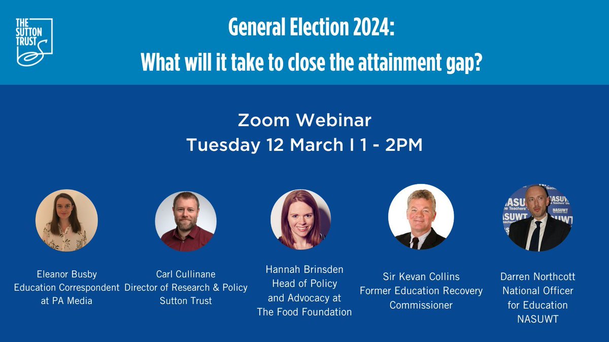 🚨 Free webinar at 1PM🚨

What drives the gap in attainment between pupils? How can we close the gap between disadvantaged pupils and their wealthier peers?

Today, our webinar will focus on the attainment gap.

Hear from our expert panel at 1PM ⬇️ 

buff.ly/48rI3Rf