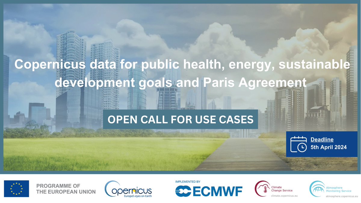 Are you using #CopernicusAtmosphere or #CopernicusClimate data products & services for public health, energy, UN #SDGs & the #ParisAgreement? Share your use case with us by 05/04 to be 1 of the 10 use cases selected for an in-depth case study! More info: earsc.org/copernicus-cli…