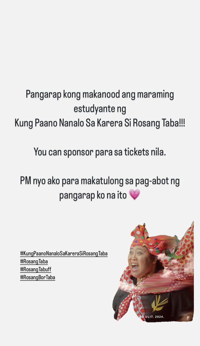 So far… meron na pong mga nagsponsor…

PERO…
Marami pa pong students at teachers na nagpahayag ng kanilang pagnanais na makanood ng dulang ito.

LET’S MAKE THIS HAPPEN!!! 🙏🏽🙏🏽🙏🏽
Help me make this happen 🤗🤗🤗

#RosangTaba
#RosangTaBuff
#RosangBorTaba
#RosangNangangarap