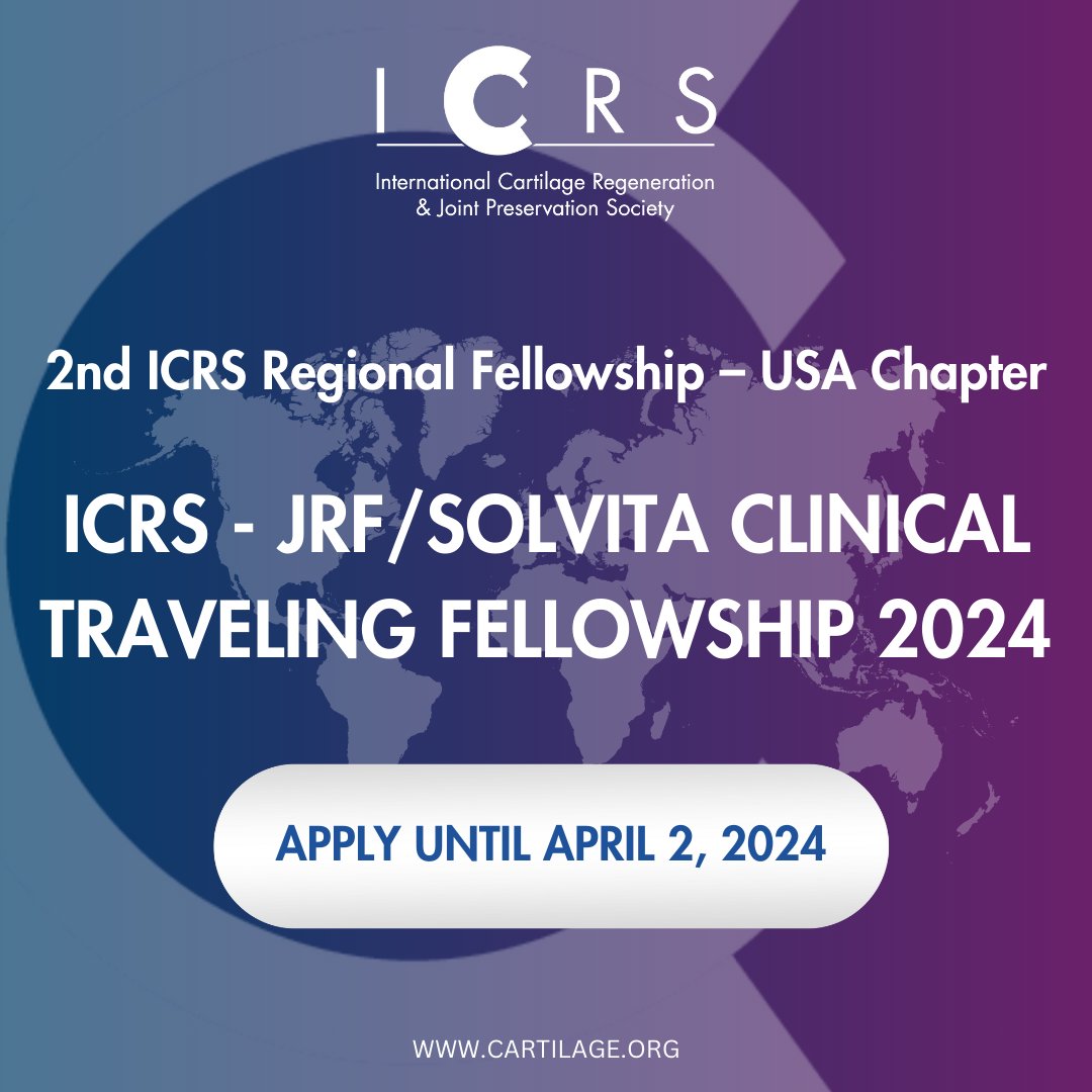 Ortho surgeons, residents, fellows & scientists: Dive into cartilage world with ICRS-JRF/Solvita Clinical Traveling Fellowship 2024! Travel with Dr. Jack Farr, visit research sites, observe surgeries, and mingle with cartilage community. Apply by April 2: cartilage.org/.../grants-fel…