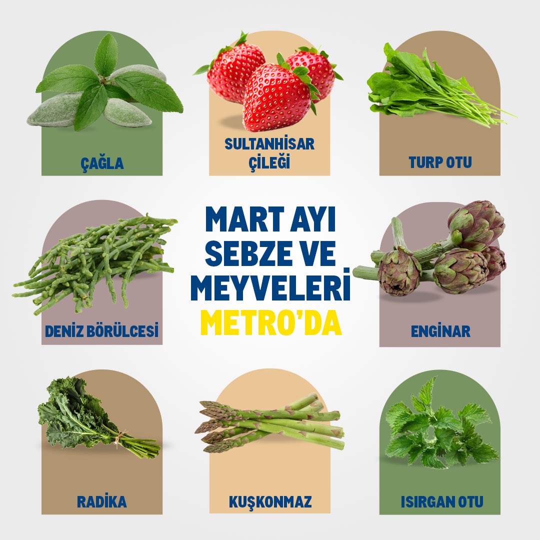 Taptaze #MetroUsulü meyve ve sebzeler, mart ayı boyunca mağazalarımızda! Çağla, kuşkonmaz, deniz börülcesi, enginar, turp otu ve daha pek çok meyve ve sebze mutfakta harikalar yaratmanız için sizi bekliyor. 🍓