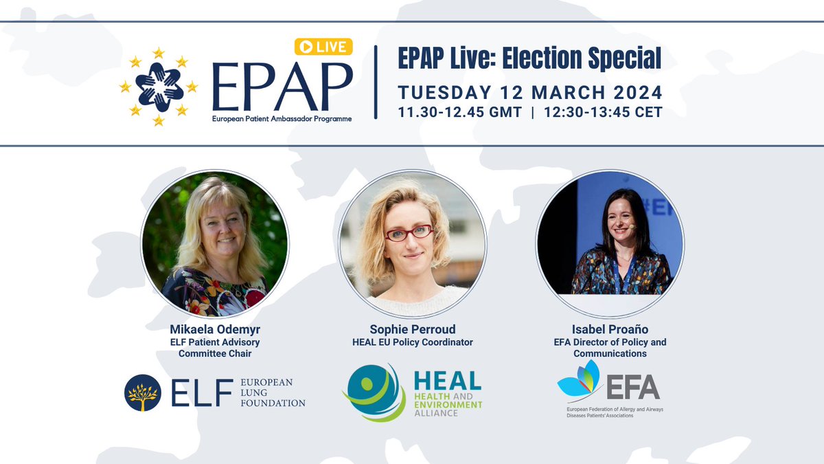 EuropeanLung's tweet photo. Elections give us the opportunity to get lung health on the political agenda. Let's explore the role we can play in local, national and European elections.

It is great to be joined by @MOdemyr, @HealthandEnv and @EFA_Patients today!

#EPAPLive #ELFElectionSpecial #KeepBreathing https://t.co/kX46J1o3t7