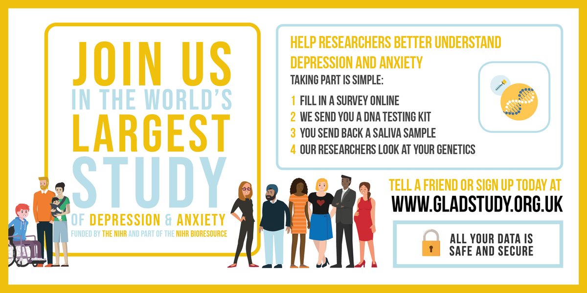 The @GLADStudy will be the largest ever study on #anxiety and #depression! Help them to achieve their goal of 40,000 people by signing up or spreading the word to friends and family who have experienced these conditions. 
@NIHRresearch @HWHCT_NHS @CRN_WMid #anxiety #depression