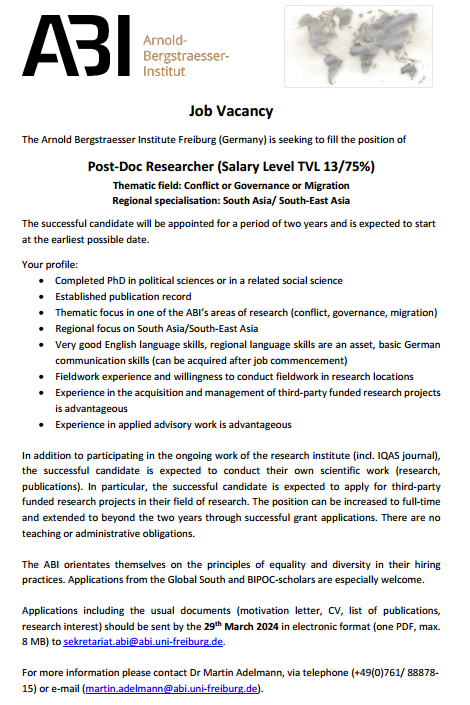 Be my colleague!
Fantastic opportunity for 2y postdoc <a href="/AbiFreiburg/">ABIFreiburg</a> with focus on S or SE #Asia . Pls fwd and pls contact me, I'd love to chat about working here and in @Freiburg :)
arnold-bergstraesser.de/en/jobsinterns…
<a href="/SinanChu/">Sinan Chu</a> @chwirthNEAsia <a href="/AlexLHinton/">Alex Hinton</a> <a href="/SDestradi/">Sandra Destradi @sdestradi.bsky.social</a>