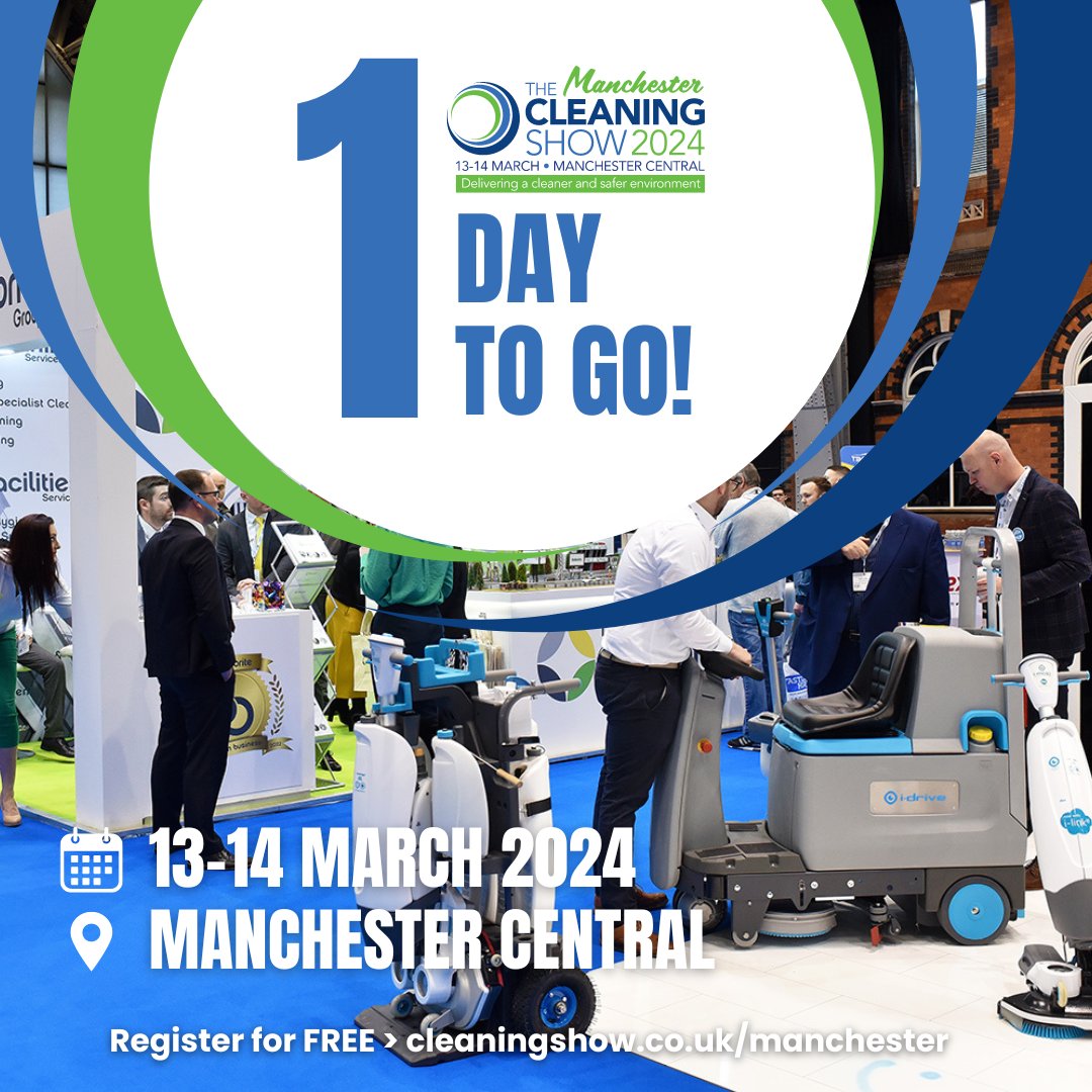 TheCleaningShow's tweet photo. The countdown is on! Only 1 day to go until The Cleaning Show returns to Manchester...

We'll be hosting over 2,000 senior buyers for two days of product sourcing, demonstrations, education and networking.

You can register for FREE here  https://t.co/FgHmgxPHdP

#thecleaningshow https://t.co/5gOSXOMykn