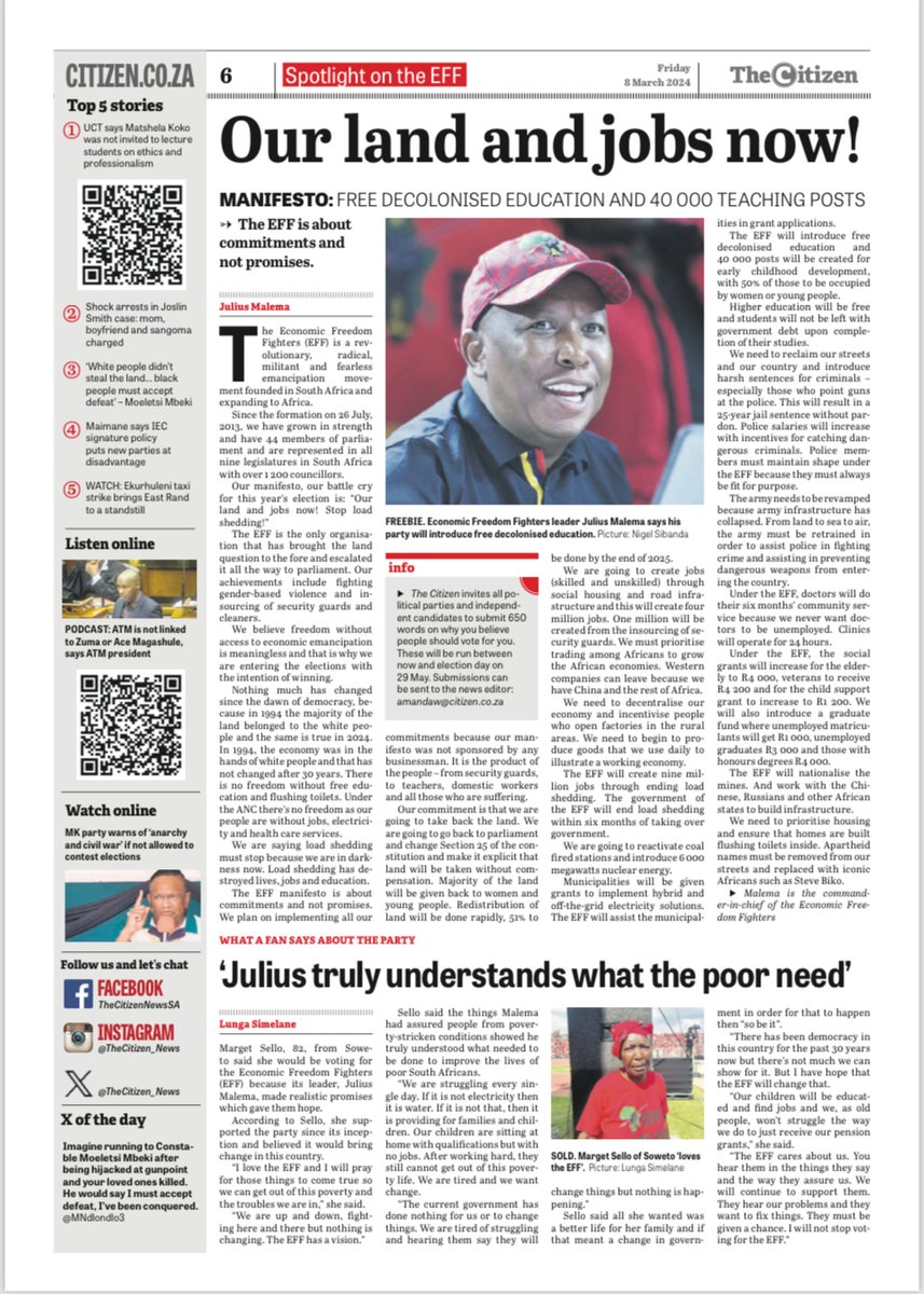 ♦️ Must Read ♦️ Featured in The Citizen, the EFF's President and Commander-in-Chief, @Julius_S_Malema offers reflections on the EFF People's Manifesto and thoroughly examines the manifesto's key points, reiterating how the EFF has a clear plan for South Africa. To accompany the