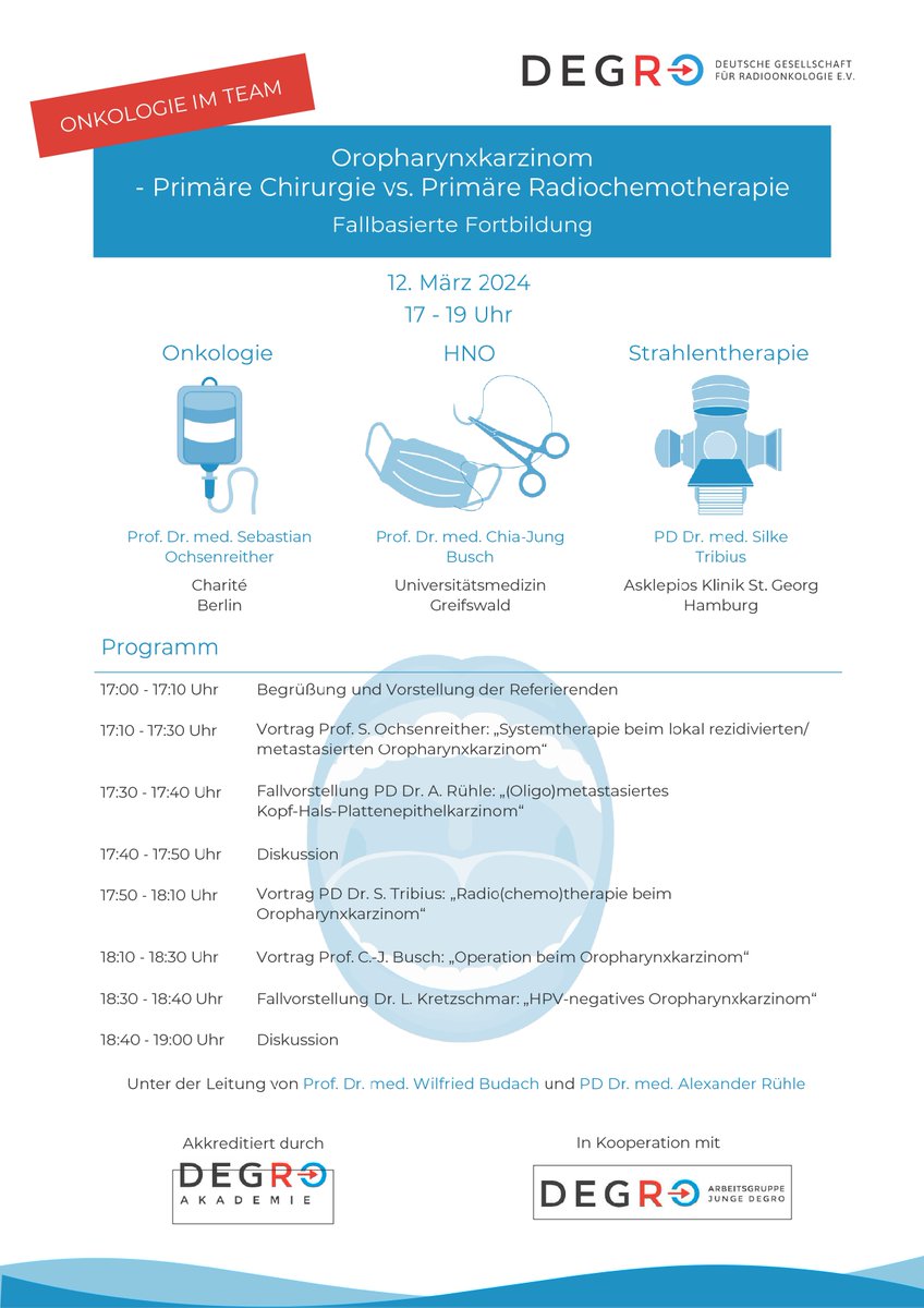 For all who are interested in the multidisciplinary treatment of oropharyngeal carcinoma, I recommend the today's @degro_ev webinar (please note that talks are in German): shorturl.at/lqtT4 The zoom-webinar starts at 5pm CET (no registration necessary) #radonc #MedTwitter