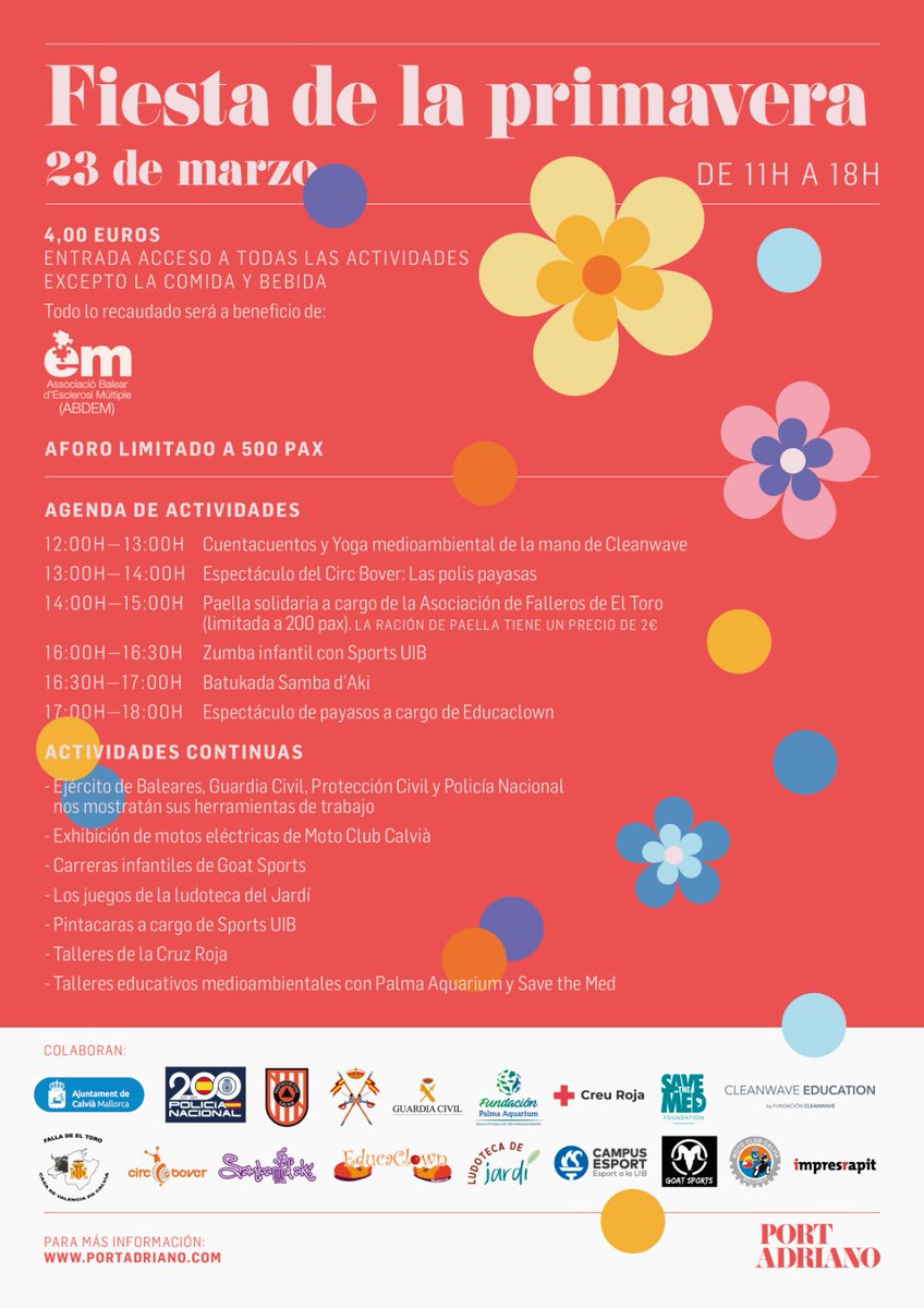 🌼 Este próximo sábado 23 de marzo te esperamos en la Fiesta de la Primavera de <a href="/portadriano1/">Port Adriano</a> . Se trata de un evento solidario a beneficio de Abdem dirigido a familias, con numerosas actividades como cuentacuentos, batukadas o payasos. Te esperamos!!!