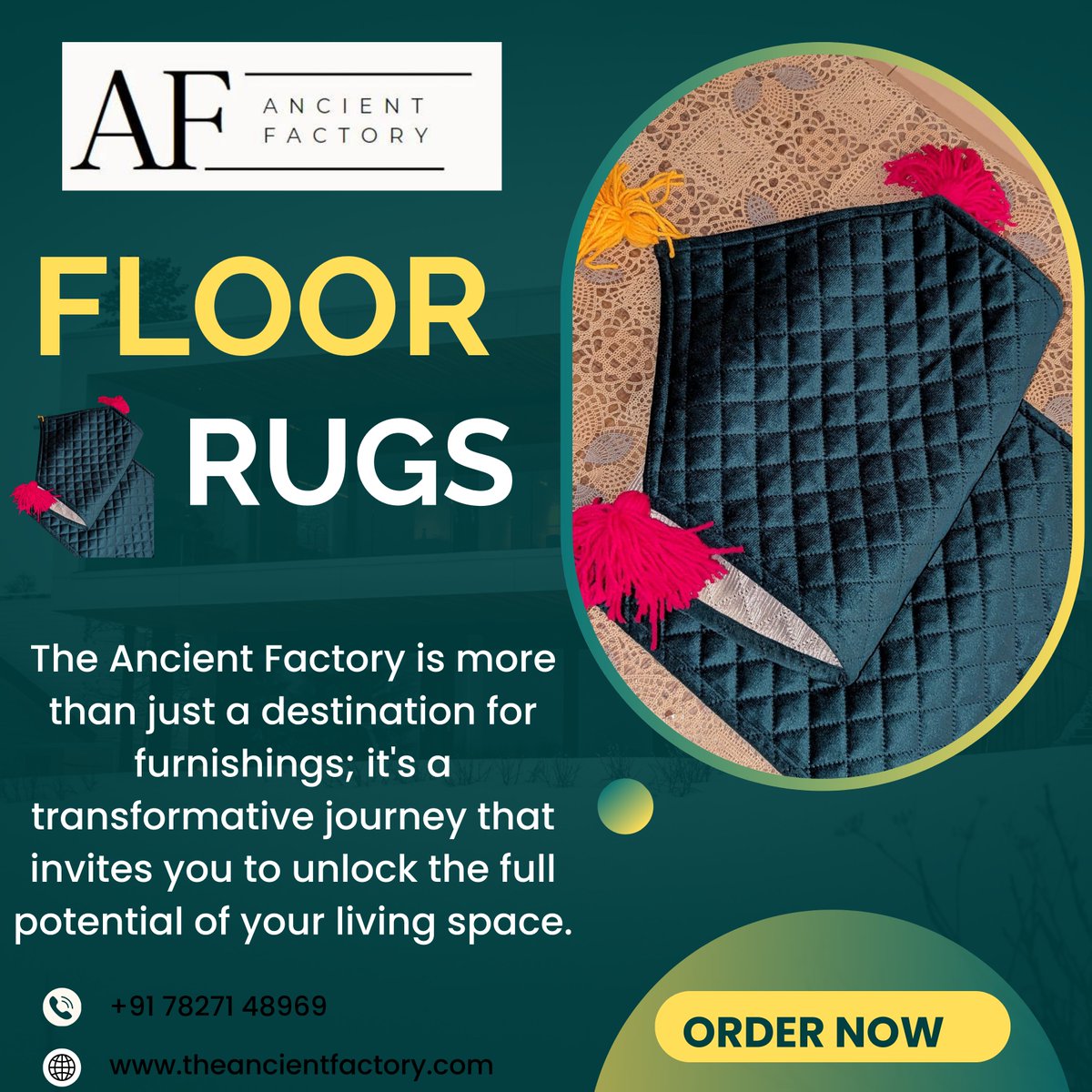 AncientFactory's tweet photo. 📱 Dial +91 78271 48969 or visit https://t.co/W1rtLraitd to discover the perfect floor rug that complements your home decor.

 💖 #TheAncientFactory #FloorRugs #HomeDecor #EleganceRedefined https://t.co/x3lOYWhXC2