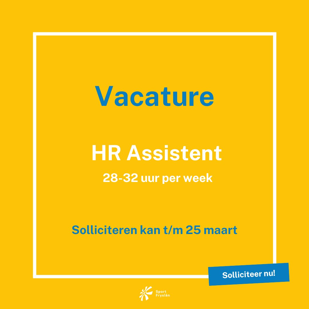 📢Wij zoeken per direct een: 𝗛𝗥 𝗔𝘀𝘀𝗶𝘀𝘁𝗲𝗻𝘁 𝘃𝗼𝗼𝗿 𝟮𝟴-𝟯𝟮 𝘂𝘂𝗿 𝗽𝗲𝗿 𝘄𝗲𝗲𝗸📢
Als HR Assistent ben je het aanspreekpunt voor de medewerkers van Sport Fryslân, Sportwerkgever Fryslân en de klanten van Sportwerkgever Fryslân. Lees meer op: obi41.nl/2p8aea23