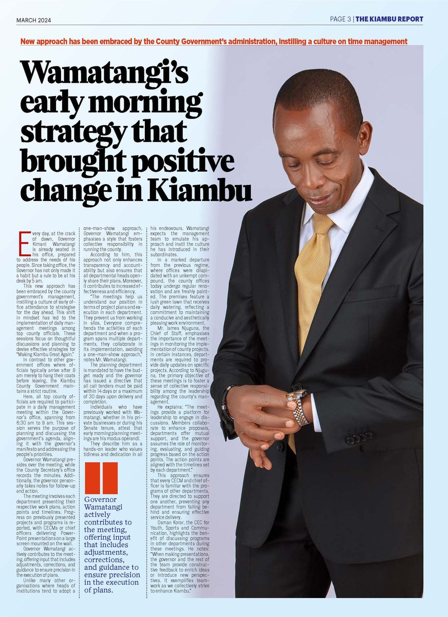 KWamatangi's tweet photo. Since taking office, I have made it a habit to be at my desk by 5 am, an approach embraced by the county’s management team. This has brought a culture shift.
“Making Kiambu Great Again.”
Get a full copy of The Kiambu Report on https://t.co/KOHsgCN3zj https://t.co/LXKccjnU0J