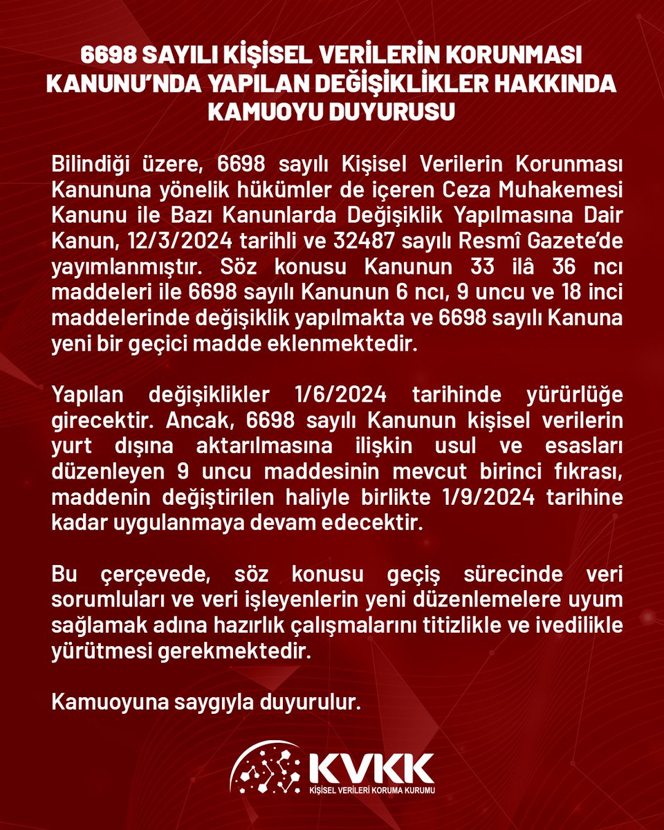 6698 Sayılı Kişisel Verilerin Korunması Kanunu'nda Yapılan Değişiklikler Hakkında Kamuoyu Duyurusu

kvkk.gov.tr/Icerik/7834/66… #KVKK