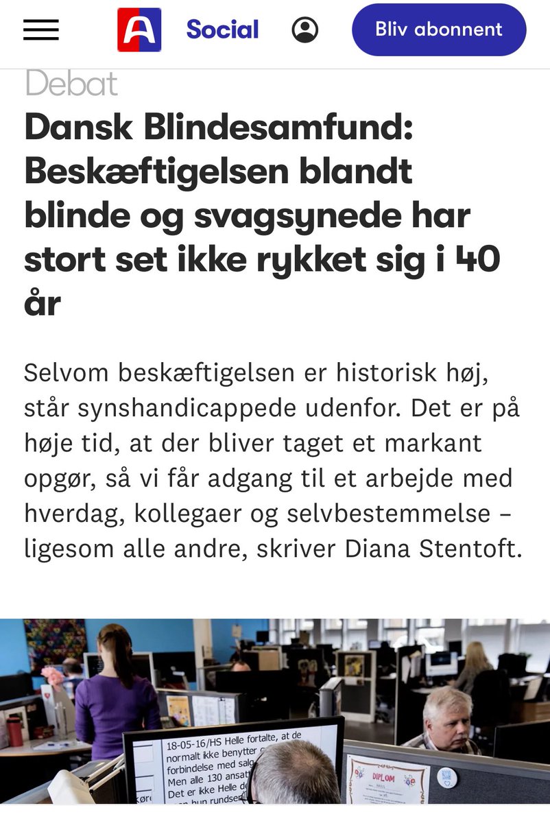 DStentoft's tweet image. Vi risikerer, at blinde og svagsynede forsvinder helt fra arbejdsmarkedet, hvis ikke der gøres en fokuseret indsats nu. Beskæftigelsesfrekvensen blandt vores medlemmer er 32% - i hele befolkningen er tallet 77 %. @AneHalsboe @Dansk_Arbgiver @DanskErhverv (link i kommentarfeltet)