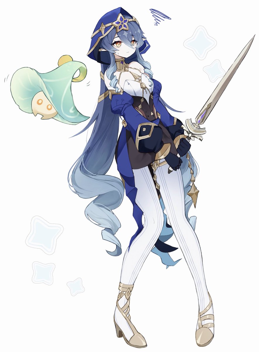 layla (genshin impact) 1girl weapon long hair white pantyhose blue hair drill hair holding  illustration images