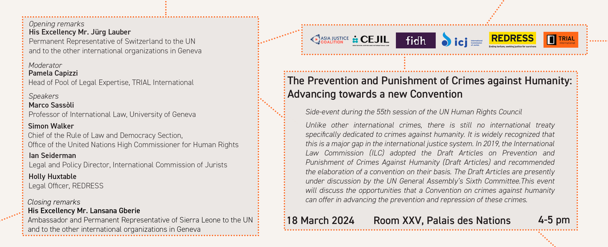 Join @trial for a side event to #HRC55 on 'Prevention and Punishment of Crimes Against Humanity: Advancing Towards a New Convention'. @PamelaCap1, our Head of Pool of Expertise, will be moderating the discussions. 🗓️📍 18 March 2024, 4-5pm, Room XXV, Palais des Nations, Geneva