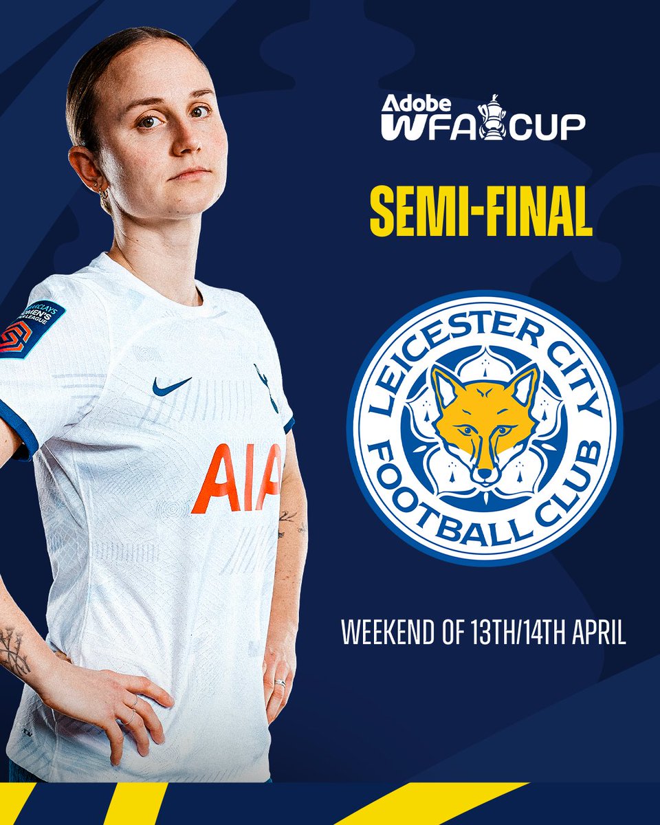 SpursWomen's tweet image. We will play Leicester City at home in the semi-final of the @AdobeWFACup! 🤍