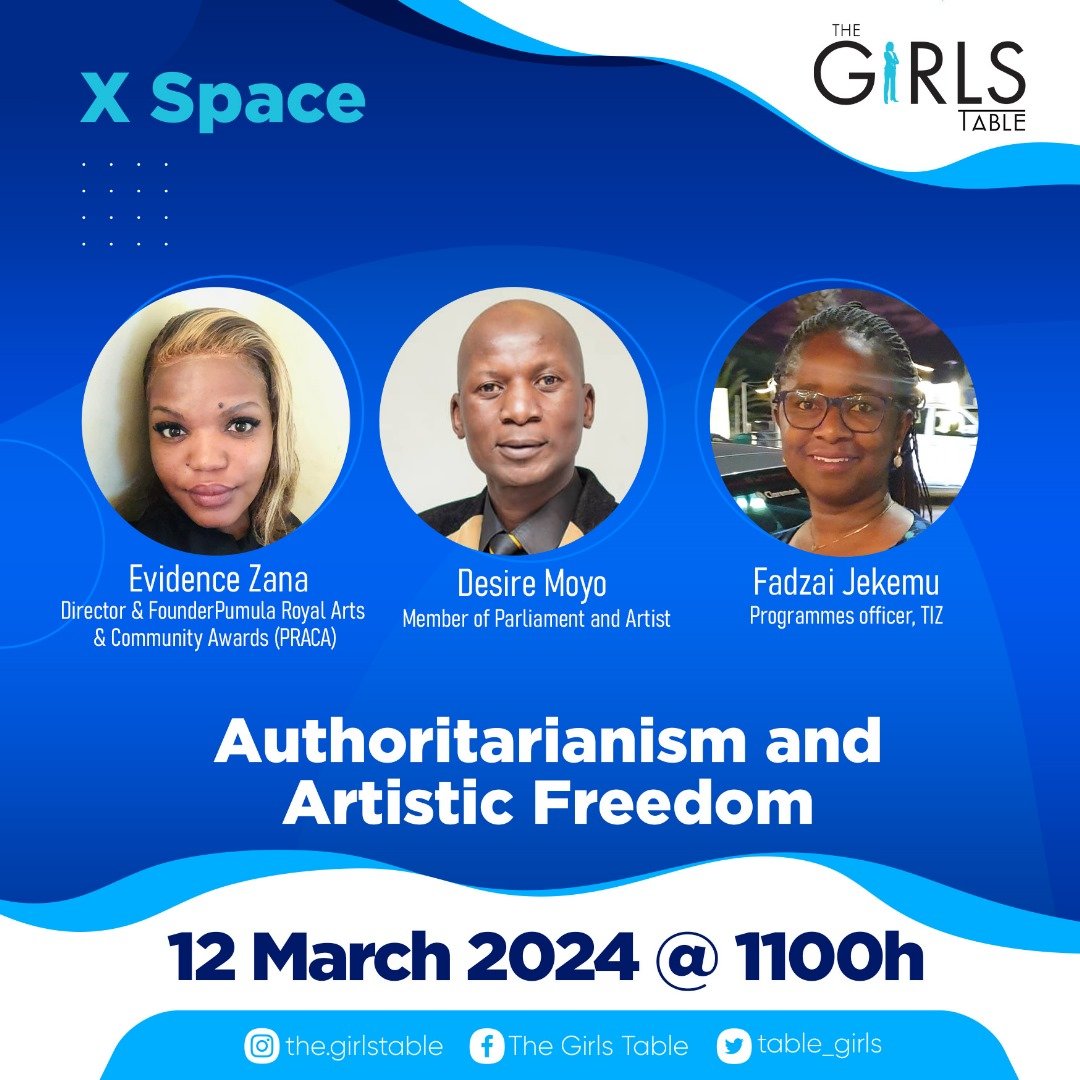 Join our X~Space this morning at 11:00 to discuss authoritarianism and artistic freedom. Our guests are Honorable Member of Parliament, Desire Moyo ; Evidence Zana, the Director& Founder of PRACA and Fadzai Jekemu, Programmes Officer @TIZim_info #HerVoice #RelmaginingANation