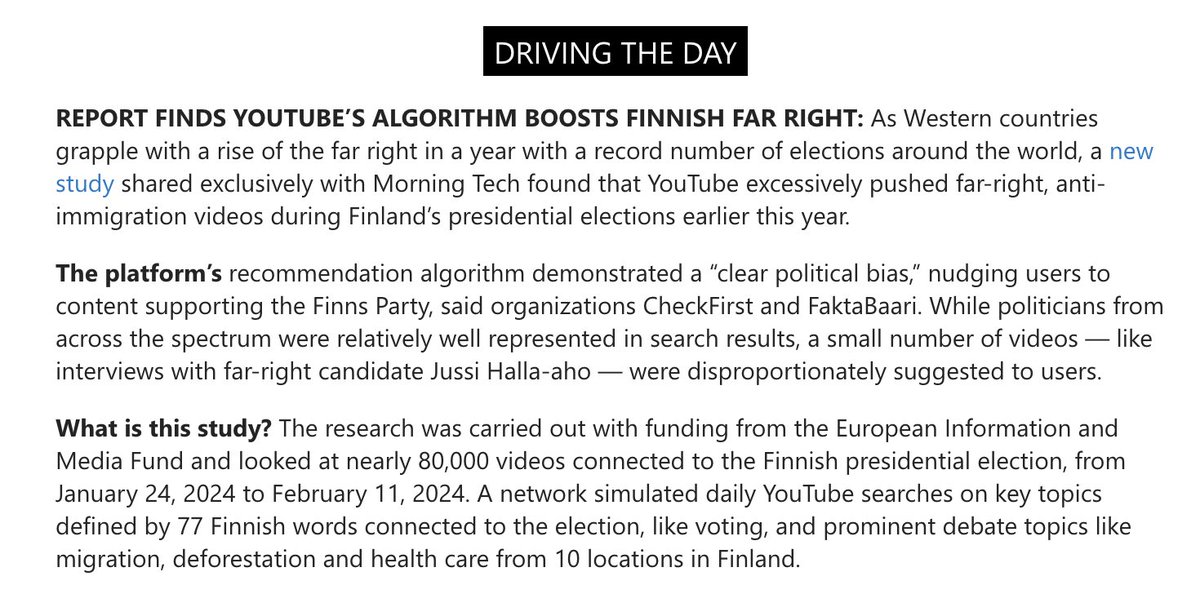 First in Morning Tech: As the far right keeps rising, a new study found that YouTube's algorithm disproportionately pushed right-wing, anti-immigration videos during Finland’s elections earlier this year. ➡️pro.politico.eu/news/youtube-r… ➡️crossover.social/finnish-far-ri…