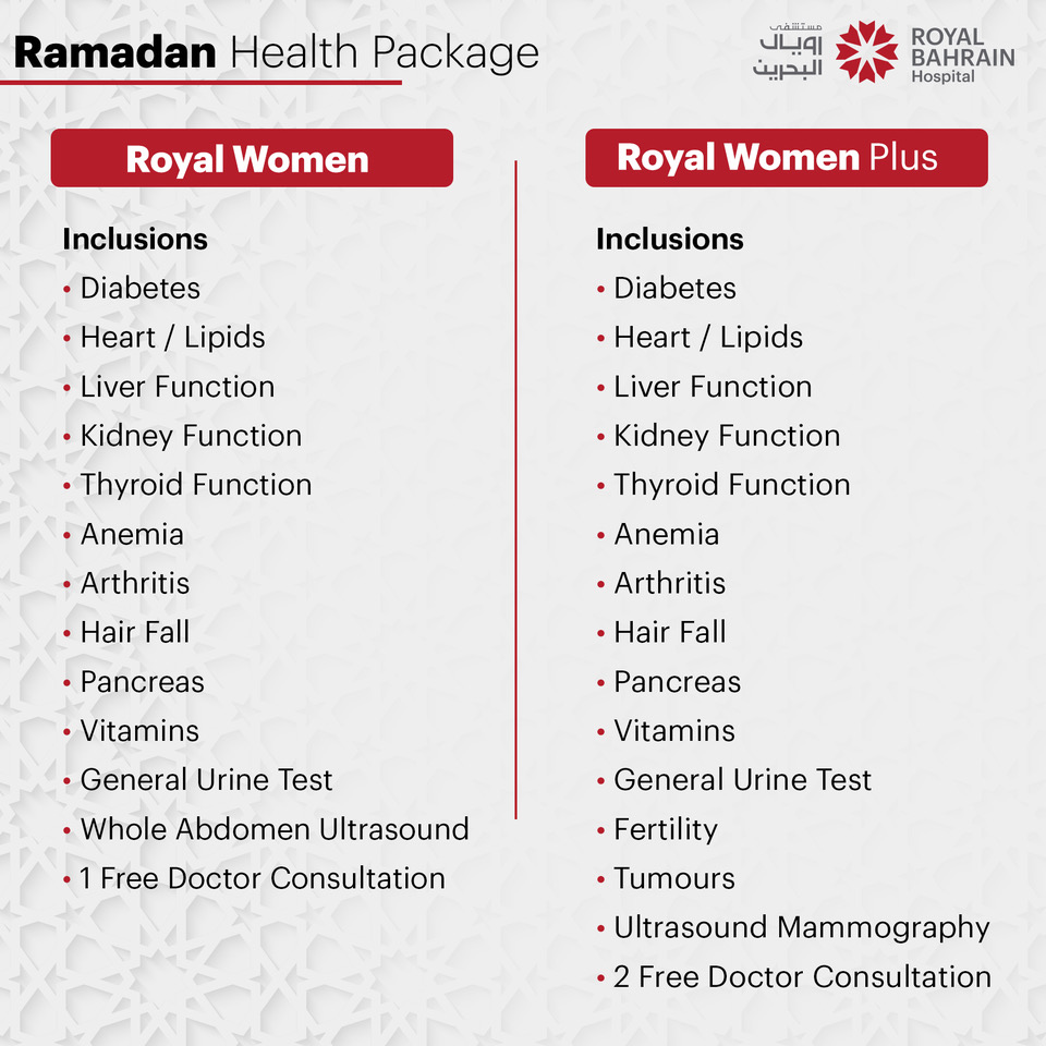 GDNonline's tweet photo. Ramadan Special Health Packages for WOMEN.
Enjoy Ramadan with Peace of Mind and Good Health.
Call us at 1724 6800 to inquire about our Royal Women and Royal Women PLUS Ramadan Health Packages.
8-10 hours fasting required. Get your tests done while fasting.
#healthpackagesย #ramadankareem