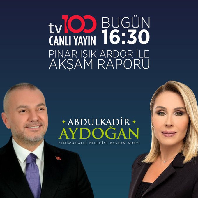 Bugün 16:30’da TV100 ekranlarında Pınar Işık Ardor’un Akşam Raporu Programı’na konuk olacağım.
@a_kadiraydogan 
#TV100
#AkşamRaporu