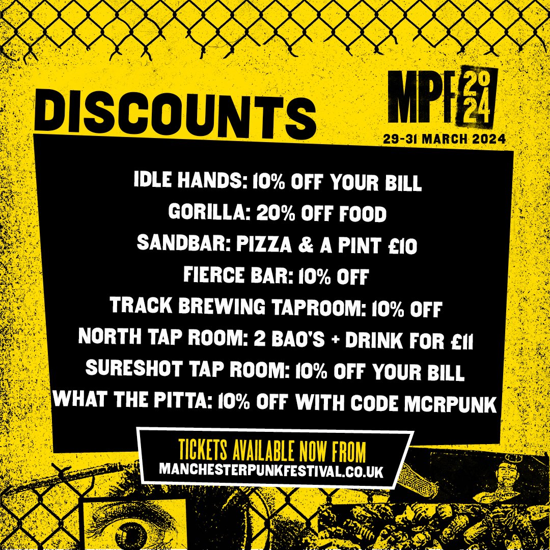 As with every year, we want to ensure that your MPF ticket is as much value for money as possible. Apart from the 120+ bands, 6 afterparties and 7 stages, we also team up with a number of local businesses to get you discount when you show your festival wristband.