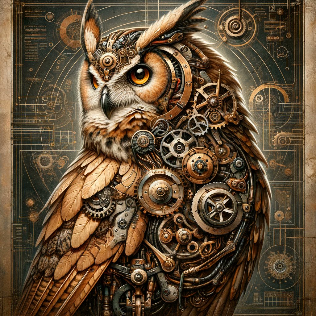 Owl full of cogs 
✧ --- ✧ --- ✧ ---
#BiometricOwl #SteampunkAesthetic #ArtInTech #FusionArt #MechanicalOwl #VictorianTech #InnovativeArtwork #SleekAndVintage #TechArtistry #VisionaryDesign