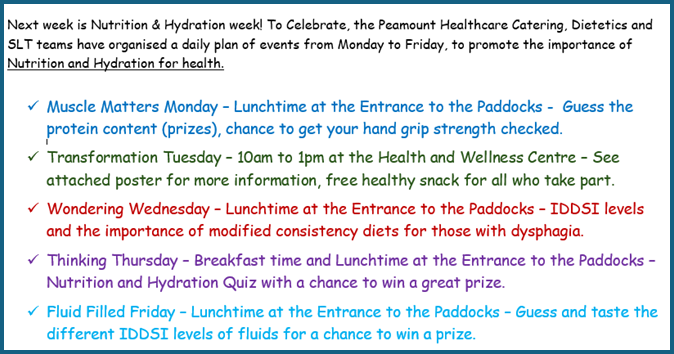 Exciting plan of events for Peamount Healthcare’s celebration of Nutrition and Hydration which started yesterday @trust_indi @iaslt @jackietician @dervlabyrne