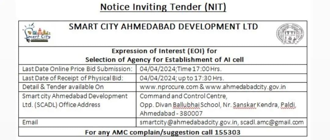 Smart City Ahmedabad Development Limited invites Expression of Interest for Selection of Agency for Establishment of Artificial intelligence Cell
.
#smartcityahmedabad