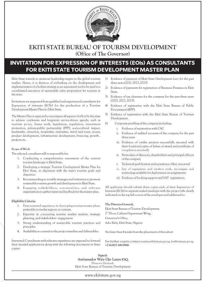 ekitistategov's tweet photo. Ekiti State Bureau of Tourism Development calls for Expressions of Interest (EoI) as consultants on the Ekiti State Tourism Development Master Plan.

The deadline for submitting EoIs is four weeks from the publication of this advertisement.

For any inquiries, please contact +2348033490986 or email bot@ekitistate.gov.ng or wojolanre@ekitistate.gov.ng.