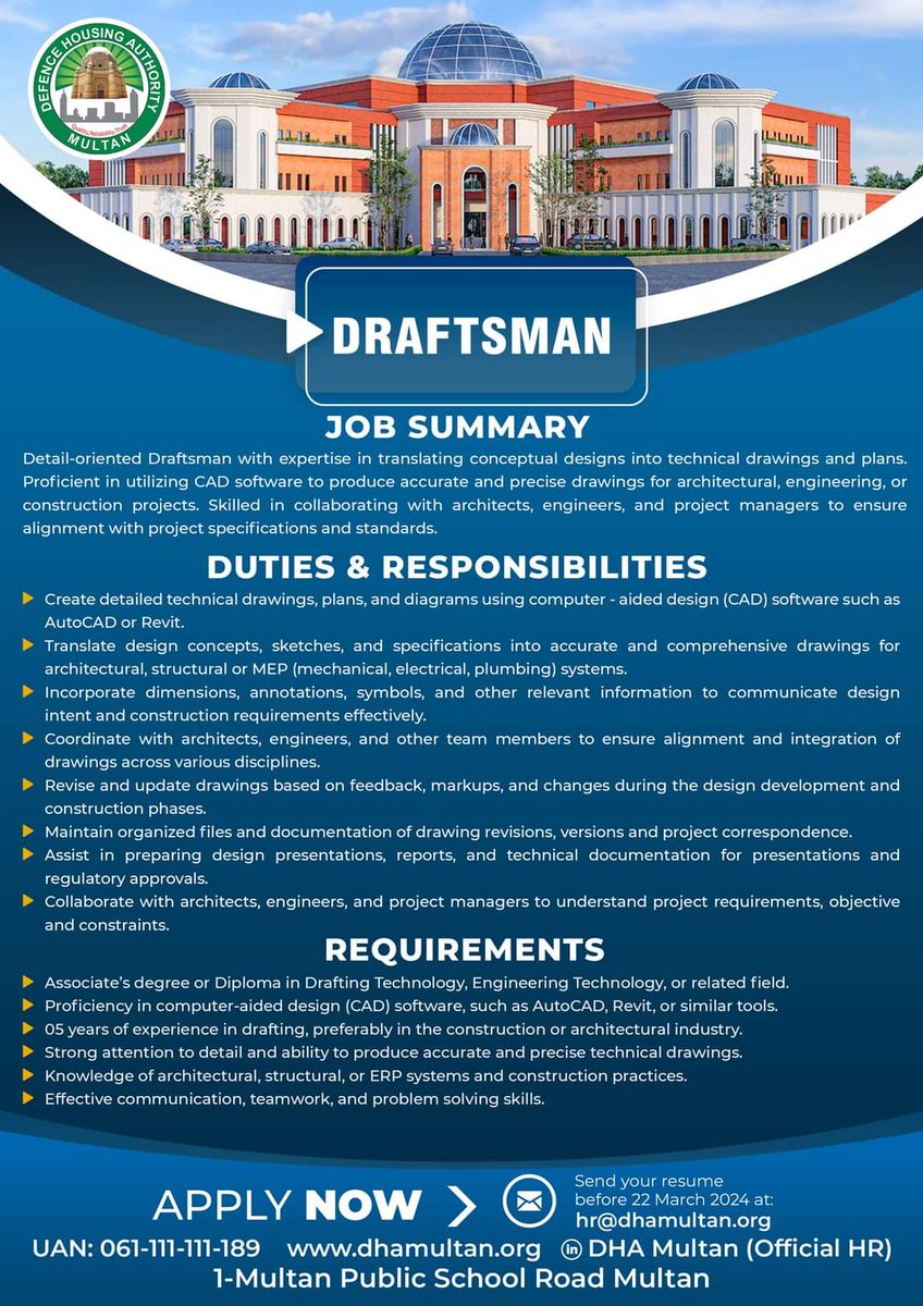 dhaircommunity's tweet image. DHA Multan Job Opportunities. Interested Candidates can apply online at the given address 
#DHAMultan  #job #HR #careers #DefenceHousingAuthority