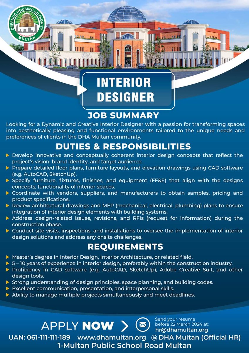 dhaircommunity's tweet image. DHA Multan Job Opportunities. Interested Candidates can apply online at the given address 
#DHAMultan  #job #HR #careers #DefenceHousingAuthority