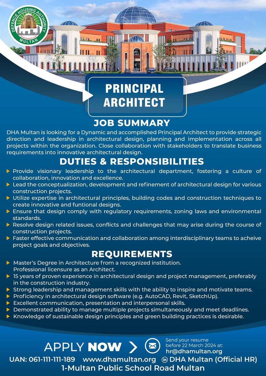 dhaircommunity's tweet image. DHA Multan Job Opportunities. Interested Candidates can apply online at the given address 
#DHAMultan  #job #HR #careers #DefenceHousingAuthority